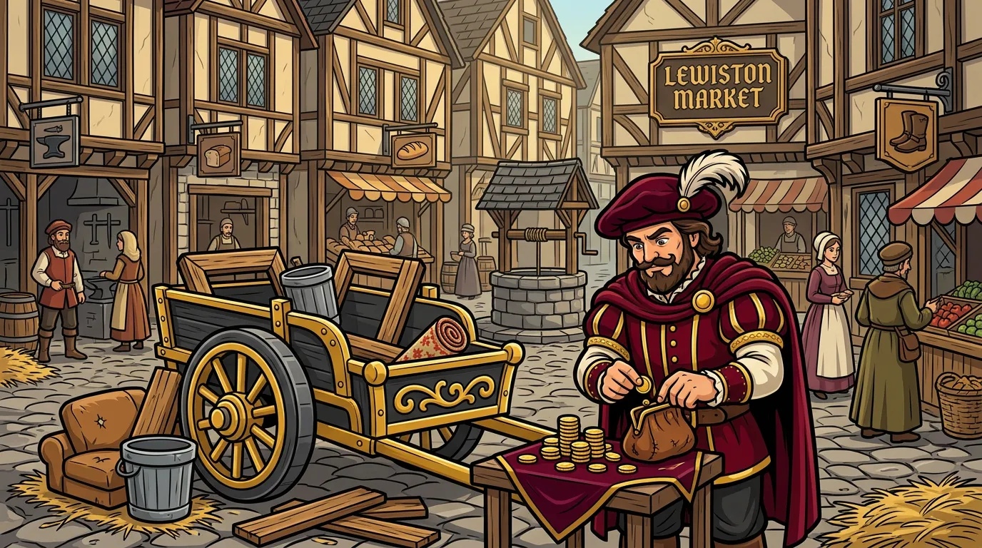 Cartoon drawing of the Junk Lord counting gold coins into a leather purse beside his half loaded cart in a medieval market square