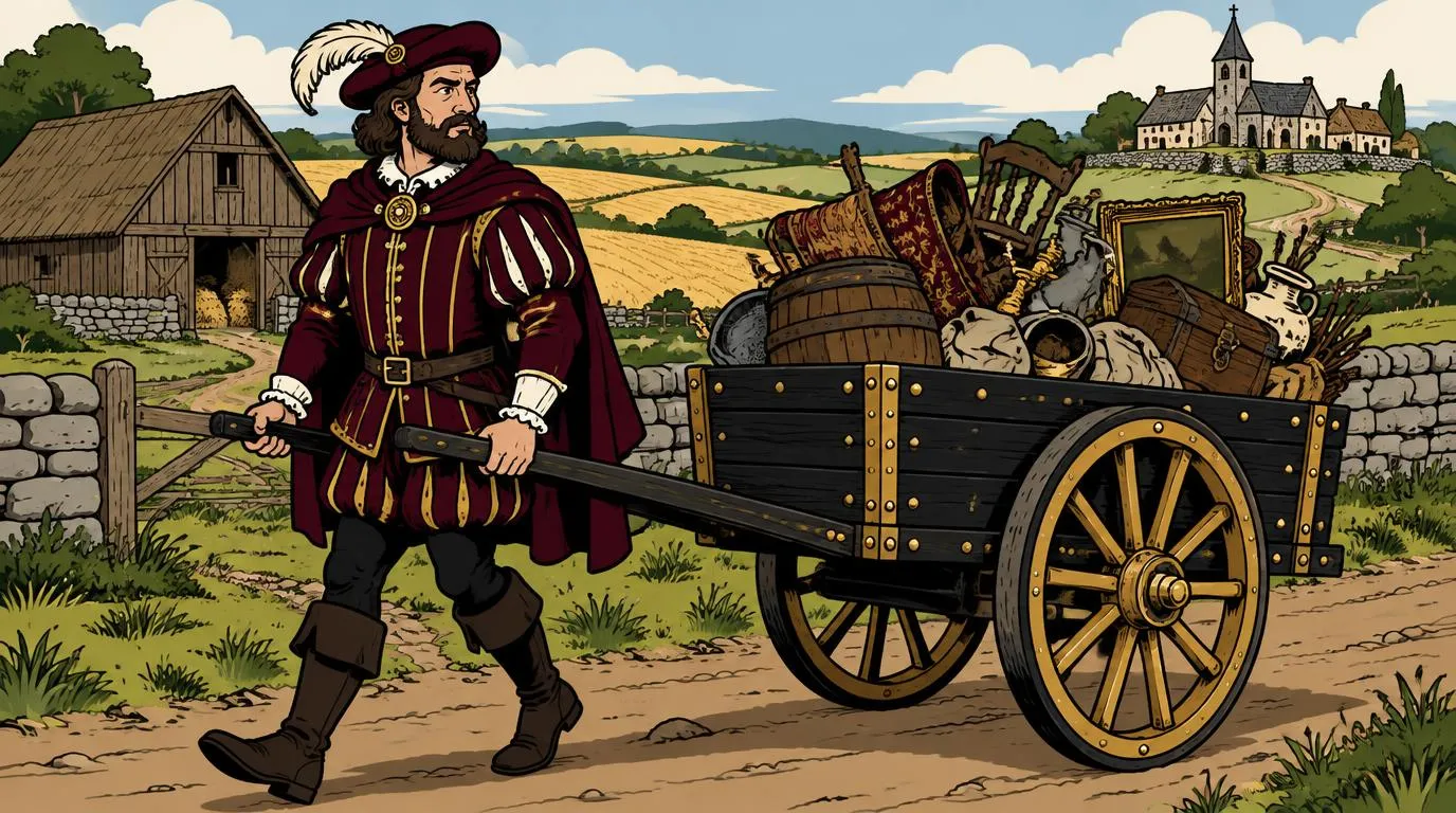 Cartoon drawing of the Junk Lord pulling his loaded cart down a farm lane past a barn, stone walls and a hilltop chapel, a medieval take on Greene