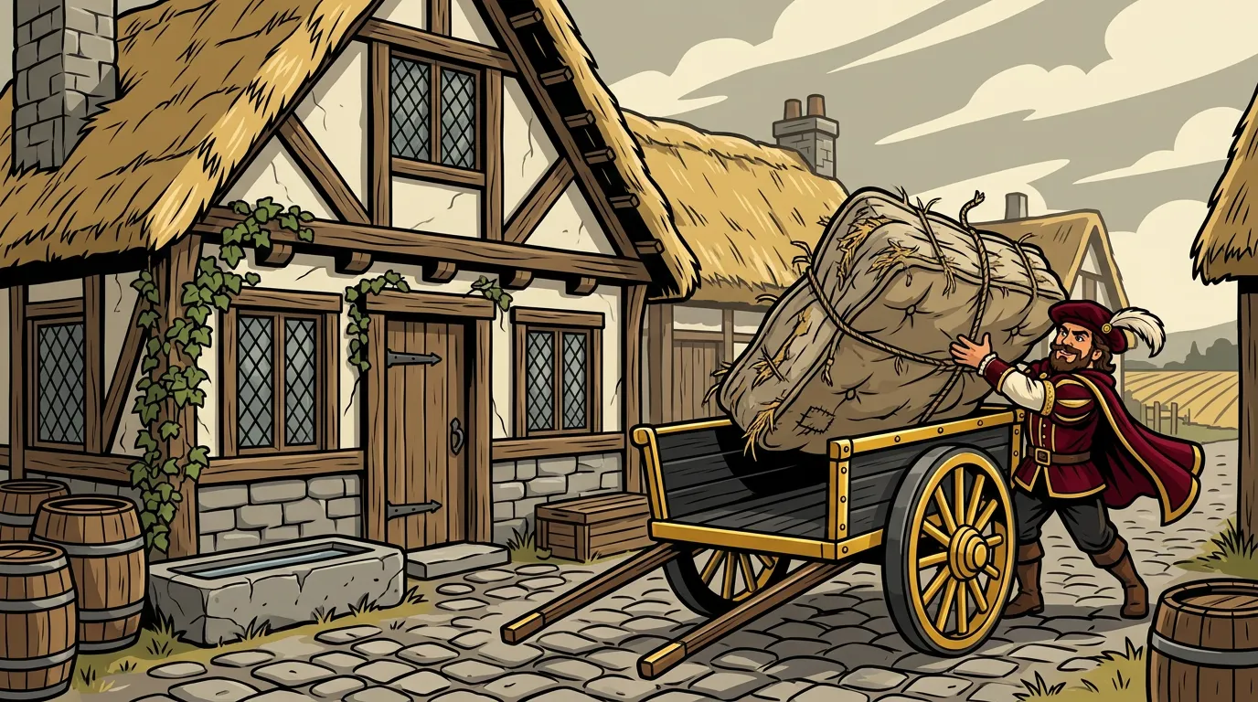 Cartoon drawing of the Junk Lord heaving an old straw mattress onto his cart outside a thatched cottage