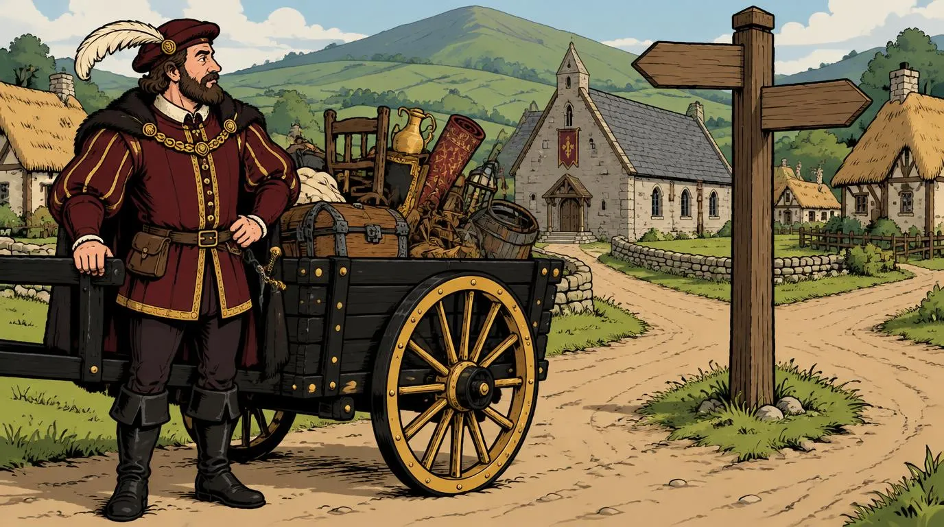Cartoon drawing of the Junk Lord beside his loaded cart at a village crossroads with a signpost and a stone hall, a medieval take on Minot