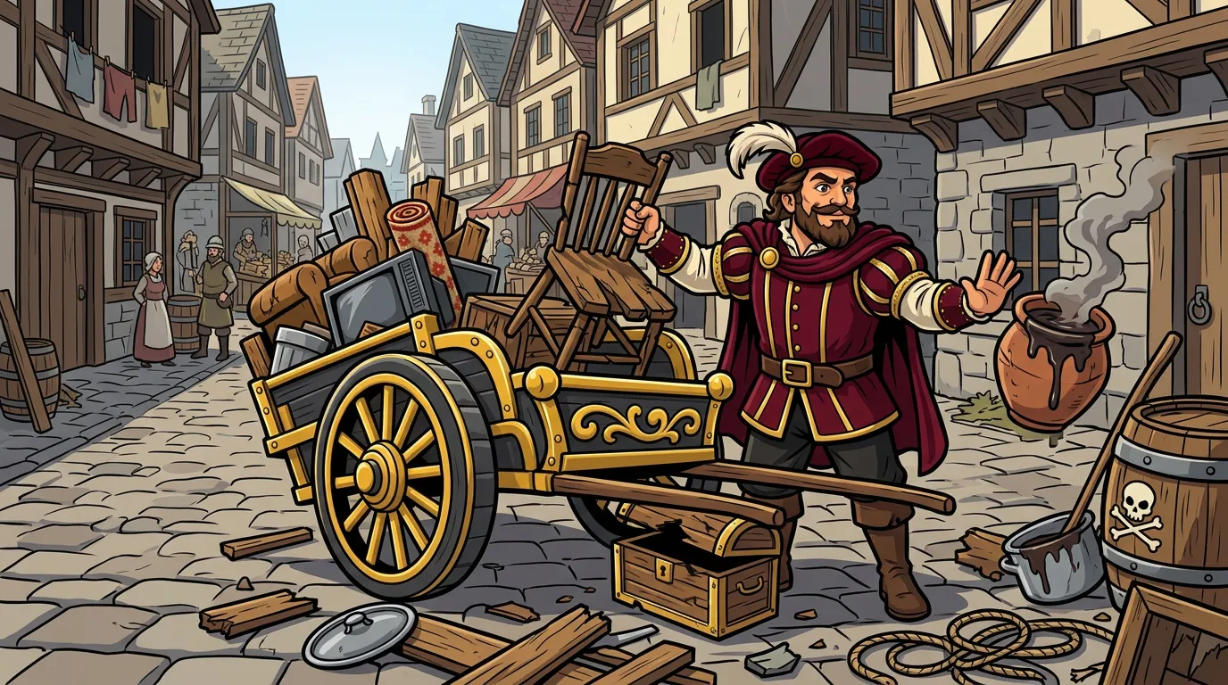 Cartoon drawing of the Junk Lord loading chairs and a broken chest onto his cart while waving away a smoking paint pot and a marked barrel