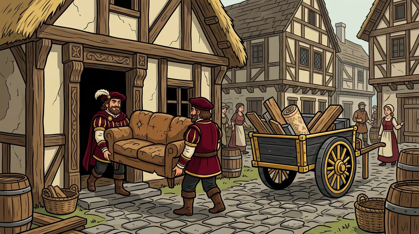 Illustration of two crew members carrying a couch out of a cottage