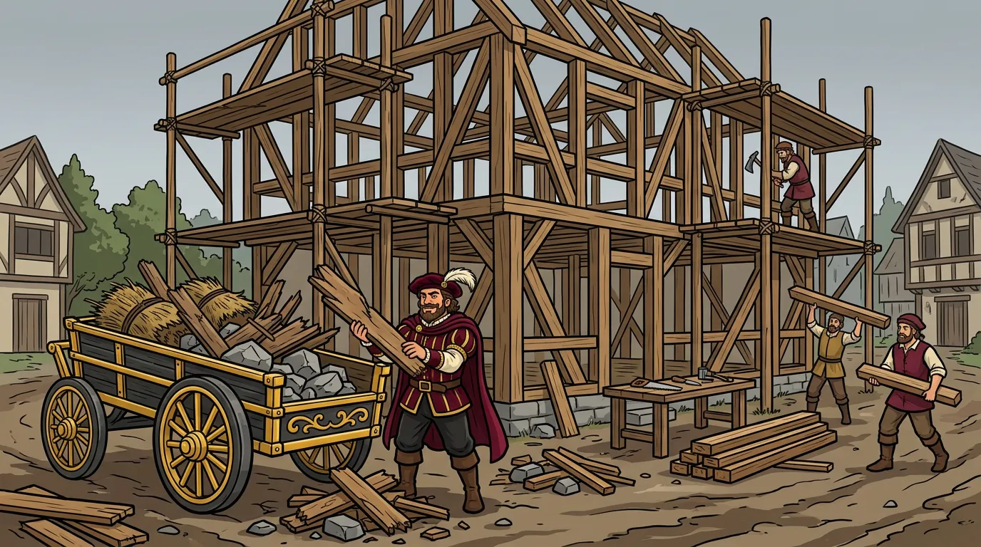Cartoon drawing of the Junk Lord loading broken planks, old thatch and rubble into his cart beside a half built timber frame house