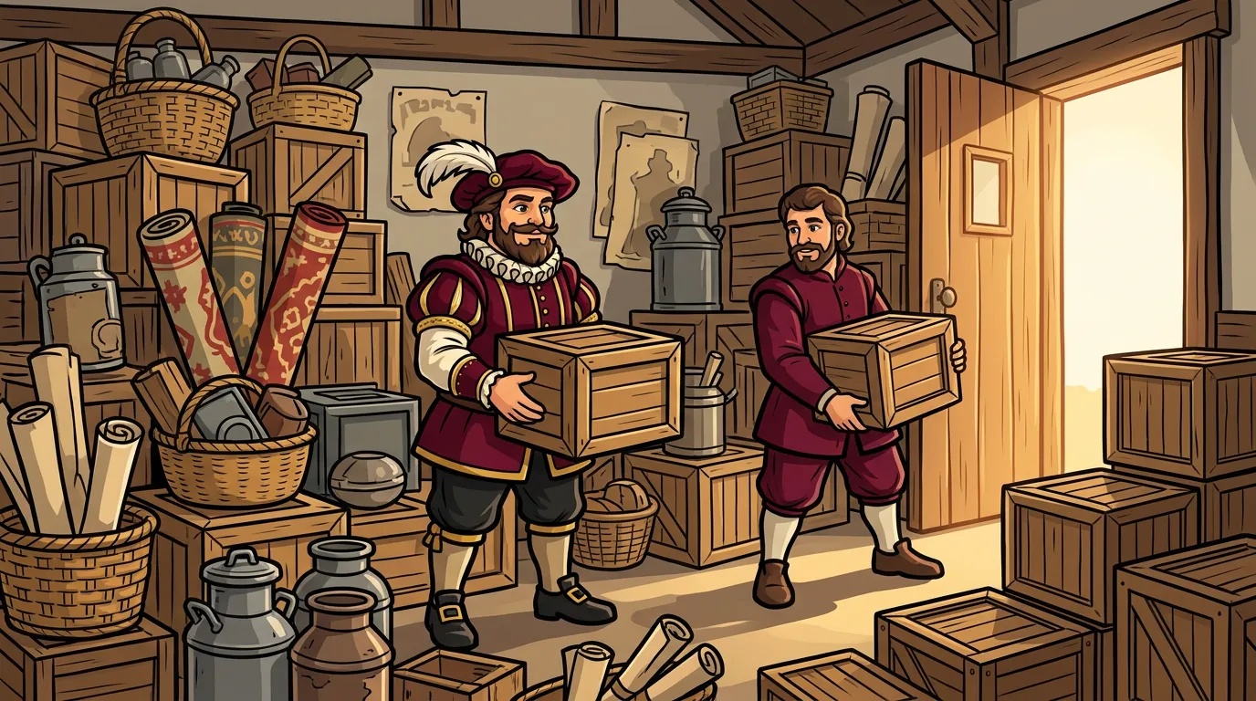 Cartoon drawing of the Junk Lord and a crew member clearing a path through a cottage room packed with crates