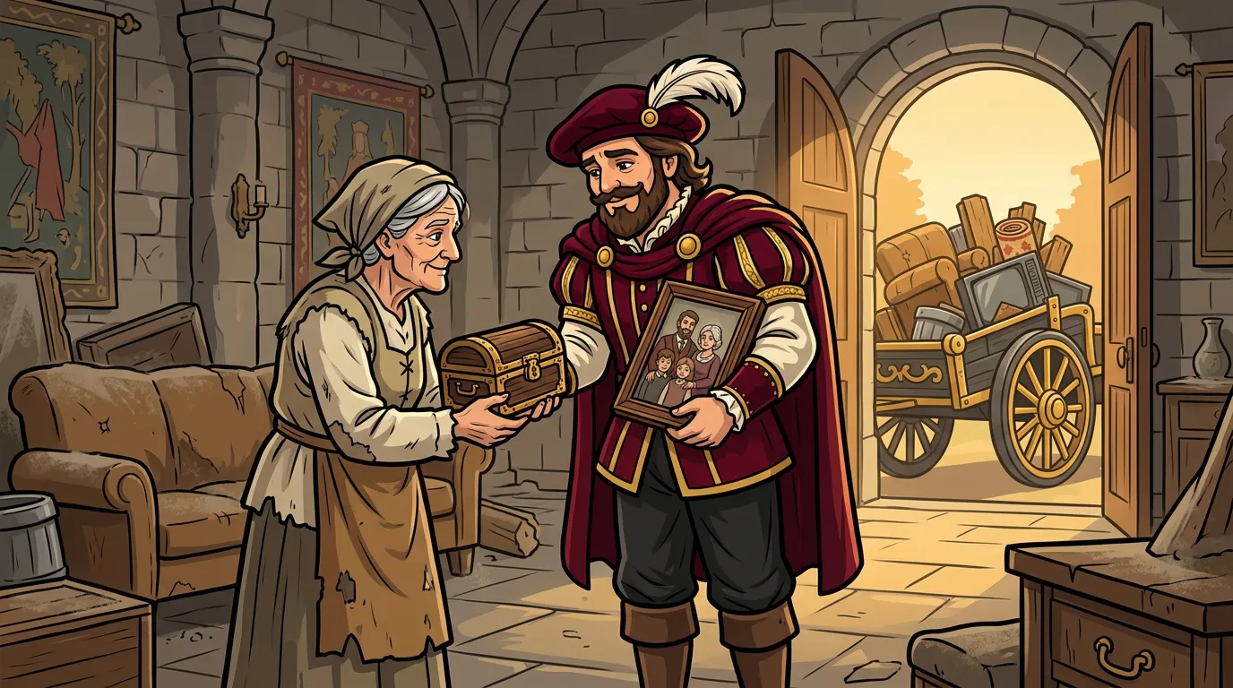 Cartoon drawing of the Junk Lord handing a box of keepsakes and a framed portrait to an elderly woman inside a stone manor