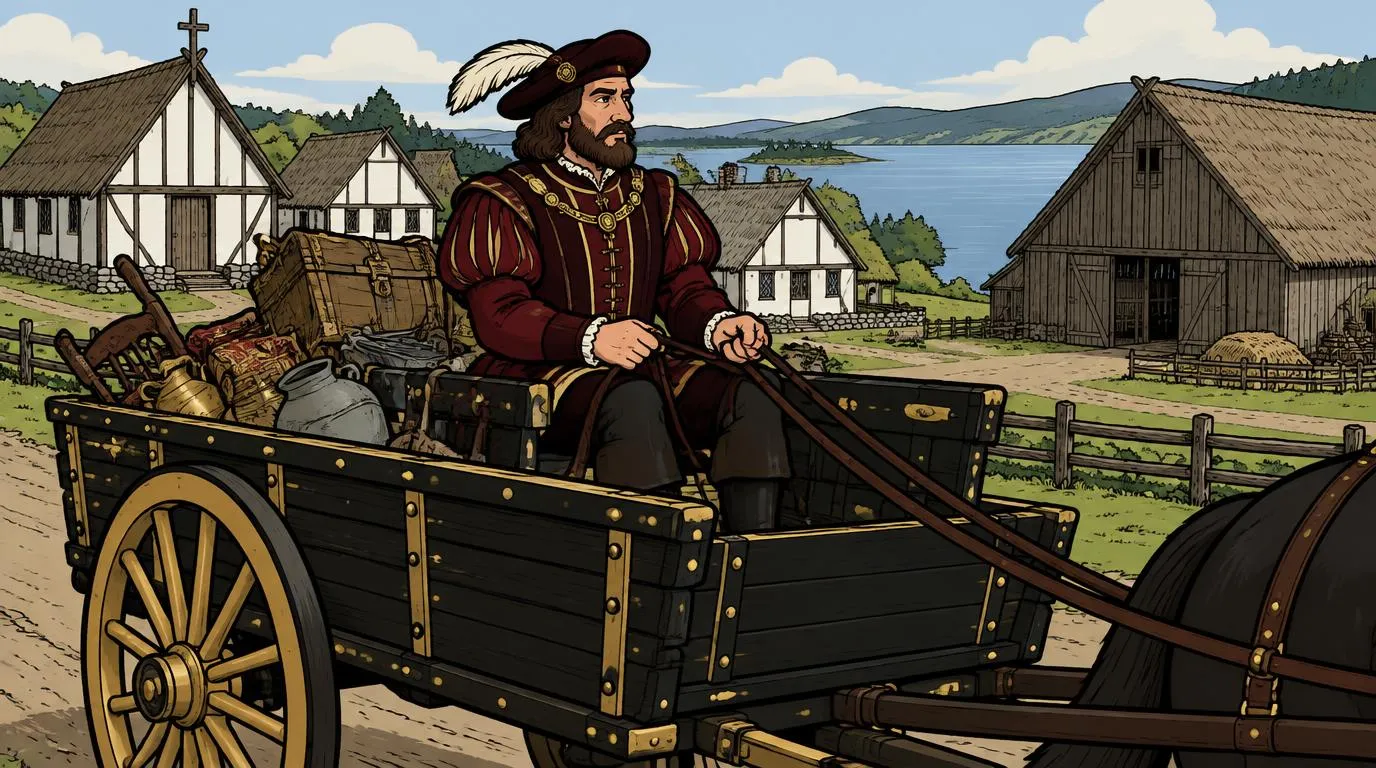 Cartoon drawing of the Junk Lord driving his loaded cart past white timber meeting houses and a barn by a lake, a medieval take on New Gloucester