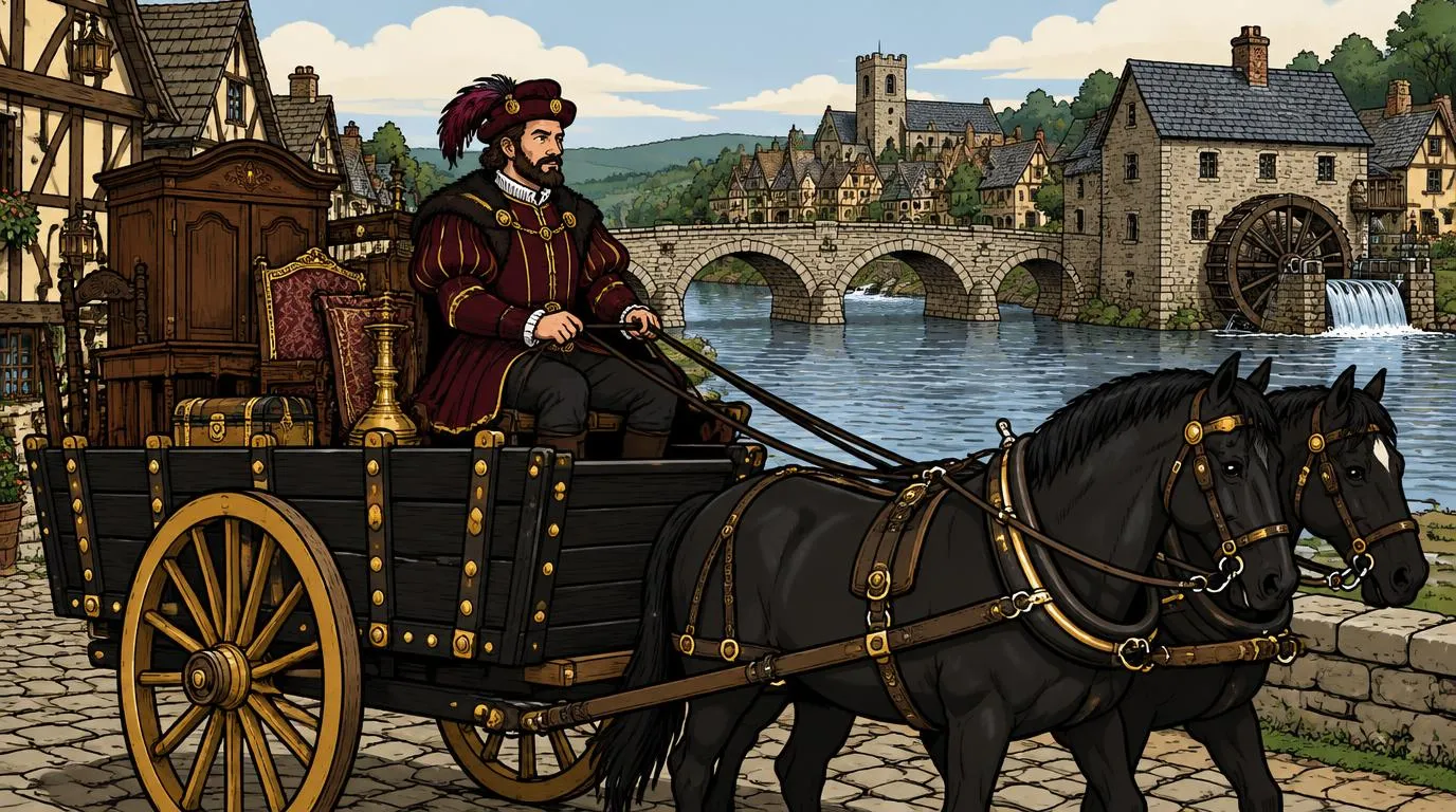 Cartoon drawing of the Junk Lord driving his loaded black cart past a stone arched bridge and a mill with a water wheel on a wide river, a medieval take on Lisbon