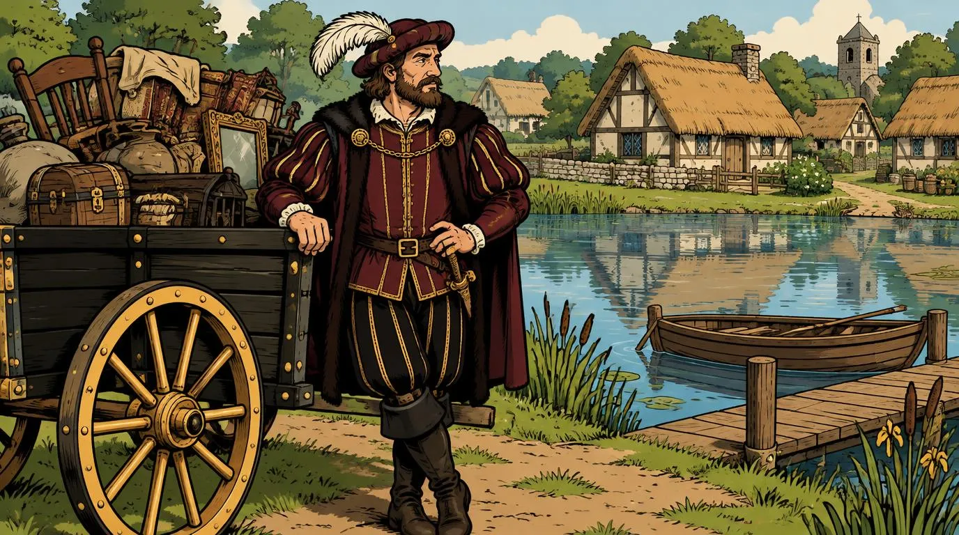 Cartoon drawing of the Junk Lord leaning on his loaded cart beside a pond with a wooden dock and thatched cottages, a medieval take on Sabattus