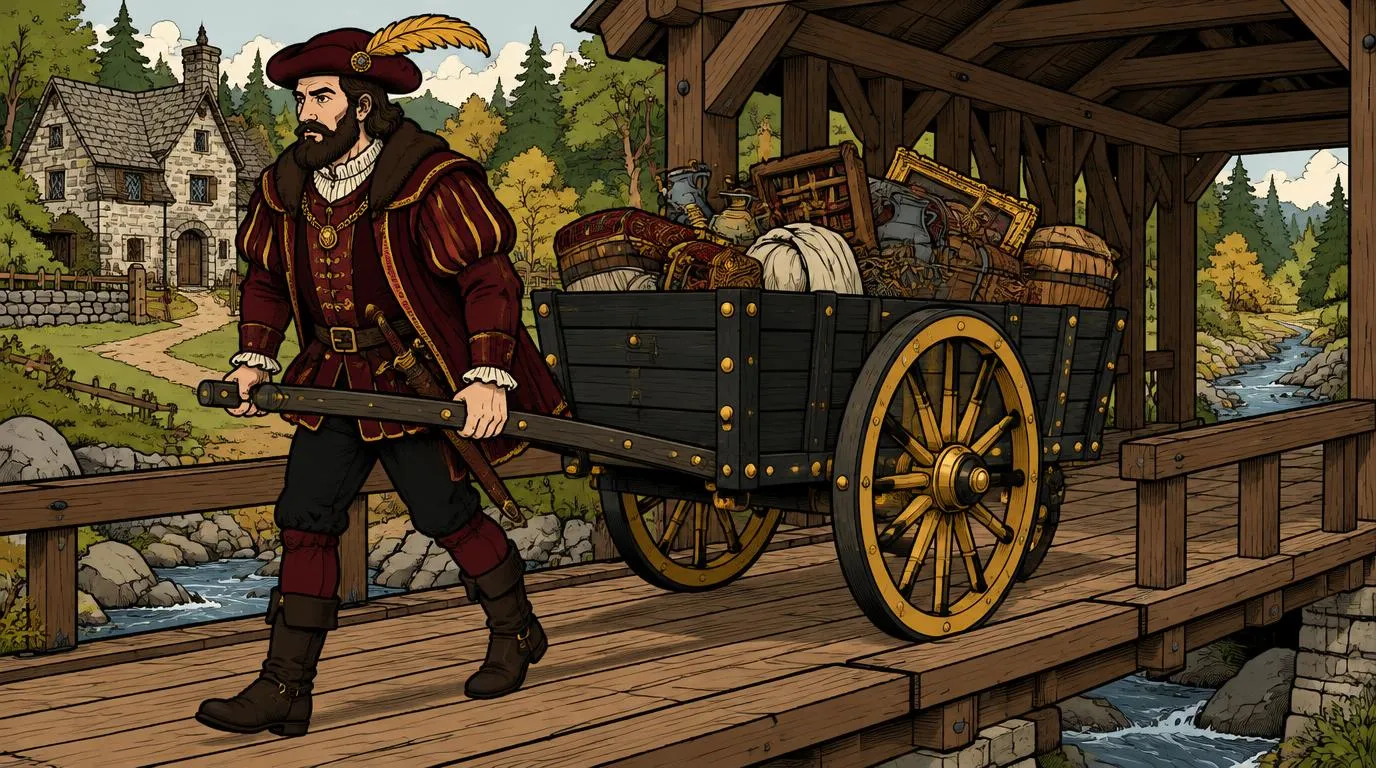 Cartoon drawing of the Junk Lord pulling his loaded cart across a wooden covered bridge over a stream, a medieval take on Durham