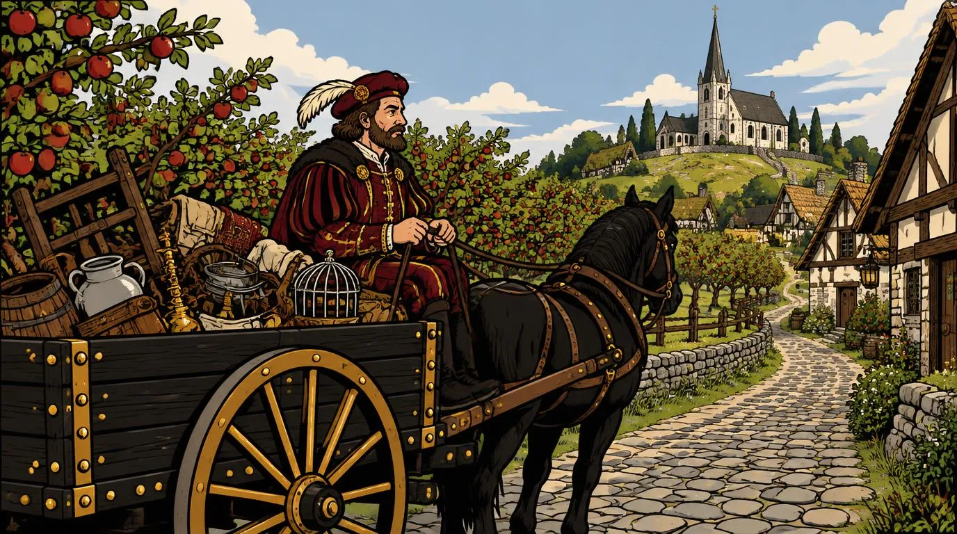 Cartoon drawing of the Junk Lord driving his loaded cart past apple orchards toward a white hilltop church, a medieval take on Turner