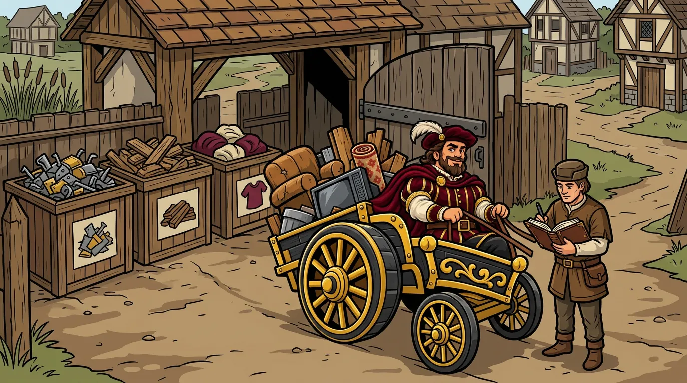 Cartoon drawing of the Junk Lord waiting with his loaded cart at a wooden gatehouse while a gatekeeper checks the load beside bins for metal, wood and cloth