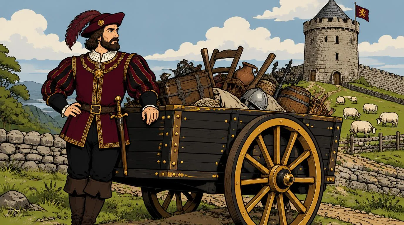 Cartoon drawing of the Junk Lord beside his loaded cart below a round stone tower on a hill with grazing sheep, a medieval take on Wales