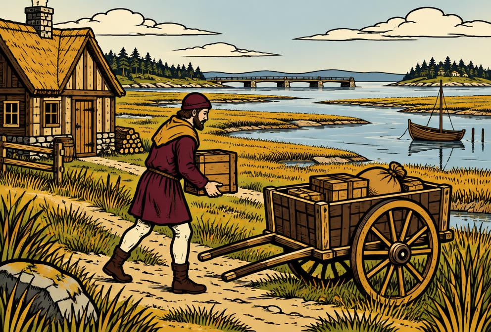 Medieval illustration inspired by Arrowsic, showing household removal with a hand pulled cart