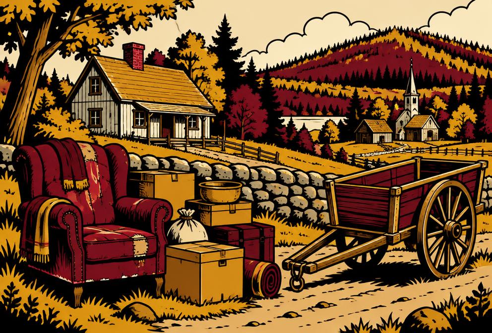 Medieval style illustration inspired by Baldwin, with household furniture and a hand pulled cart beside village homes