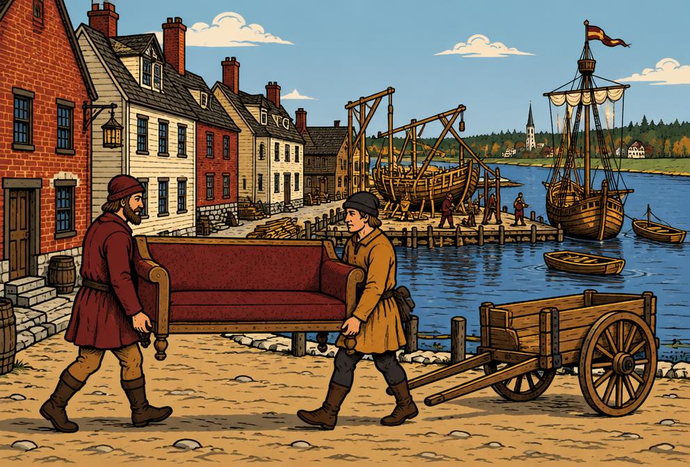 Medieval illustration inspired by Bath, showing household removal with a hand pulled cart
