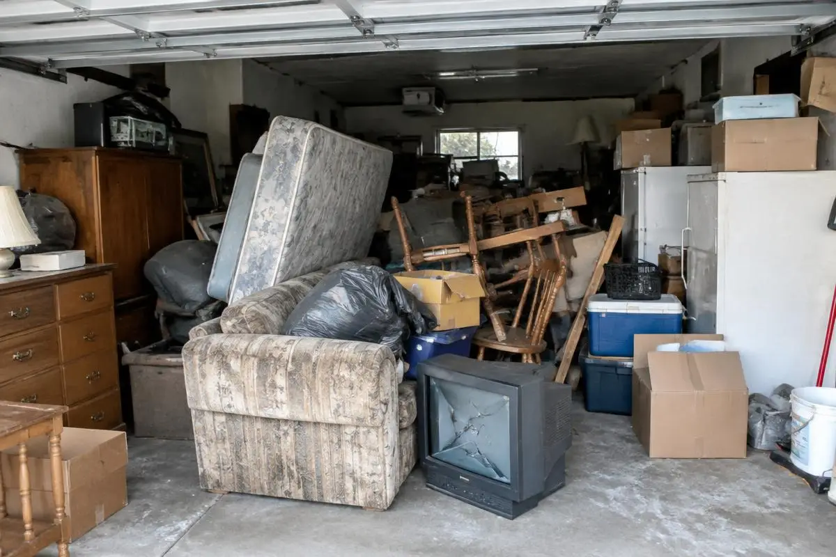 Garage before cleanout, packed with furniture and junk