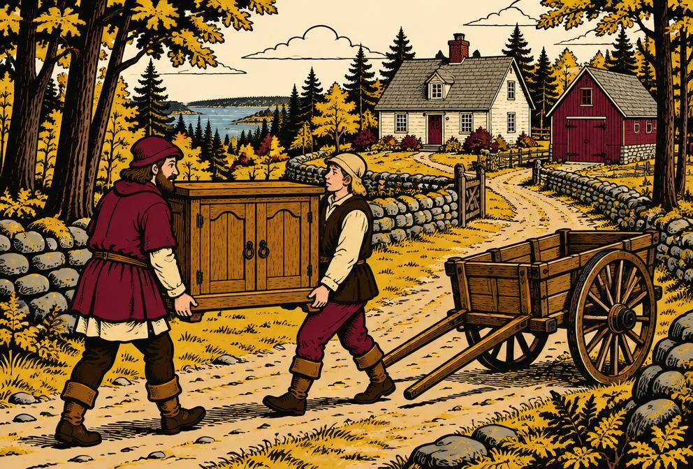 Medieval illustration inspired by Bowdoin, showing household removal with a hand pulled cart