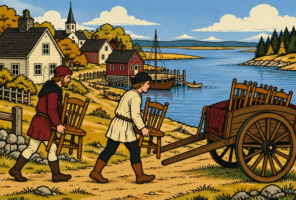 Medieval illustration inspired by Bowdoinham, showing household removal with a hand pulled cart
