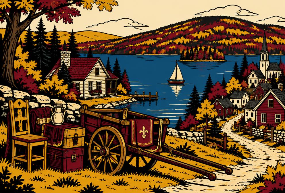 Medieval style illustration inspired by Bridgton, with household furniture and a hand pulled cart beside a lake and cottage