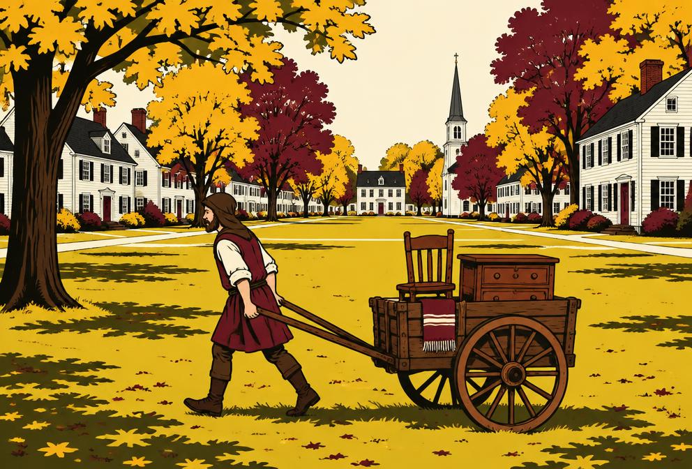 Medieval style illustration inspired by Brunswick, with a hand pulled cart of household furniture beside a village green and clapboard homes