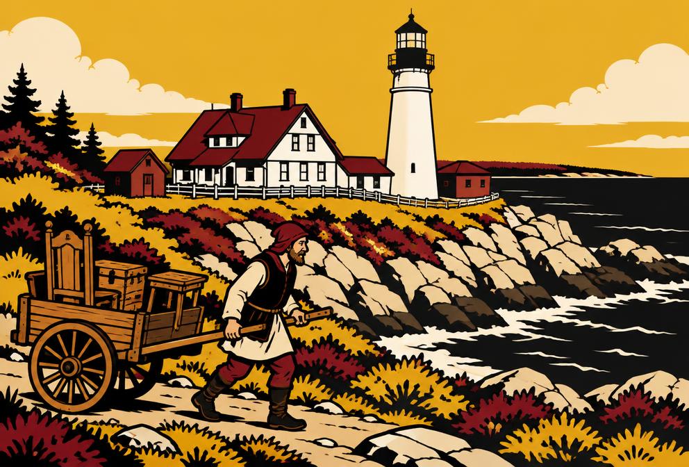 Medieval style illustration inspired by Cape Elizabeth, with a hand pulled cart of household furniture beside a lighthouse on a rocky shore