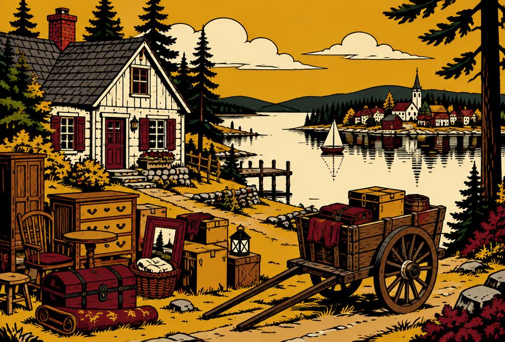 Medieval style illustration inspired by Casco, with household furniture and a hand pulled cart beside a village lake