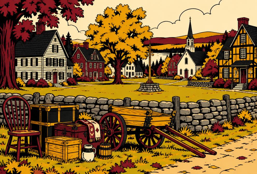 Medieval style illustration inspired by Cumberland, with household furniture and a hand pulled cart beside village homes