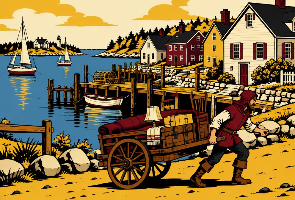 Medieval style illustration inspired by Falmouth, with a hand pulled cart of household furniture beside waterfront homes and a dock