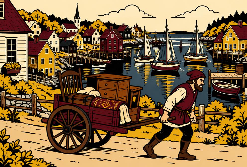 Medieval style illustration inspired by Freeport, with a hand pulled cart of household furniture beside village homes and a sheltered harbor