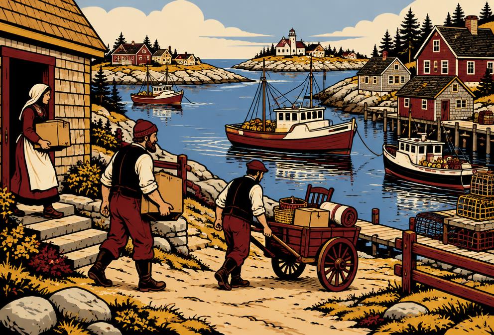 Medieval illustration inspired by Georgetown, showing household removal with a hand pulled cart