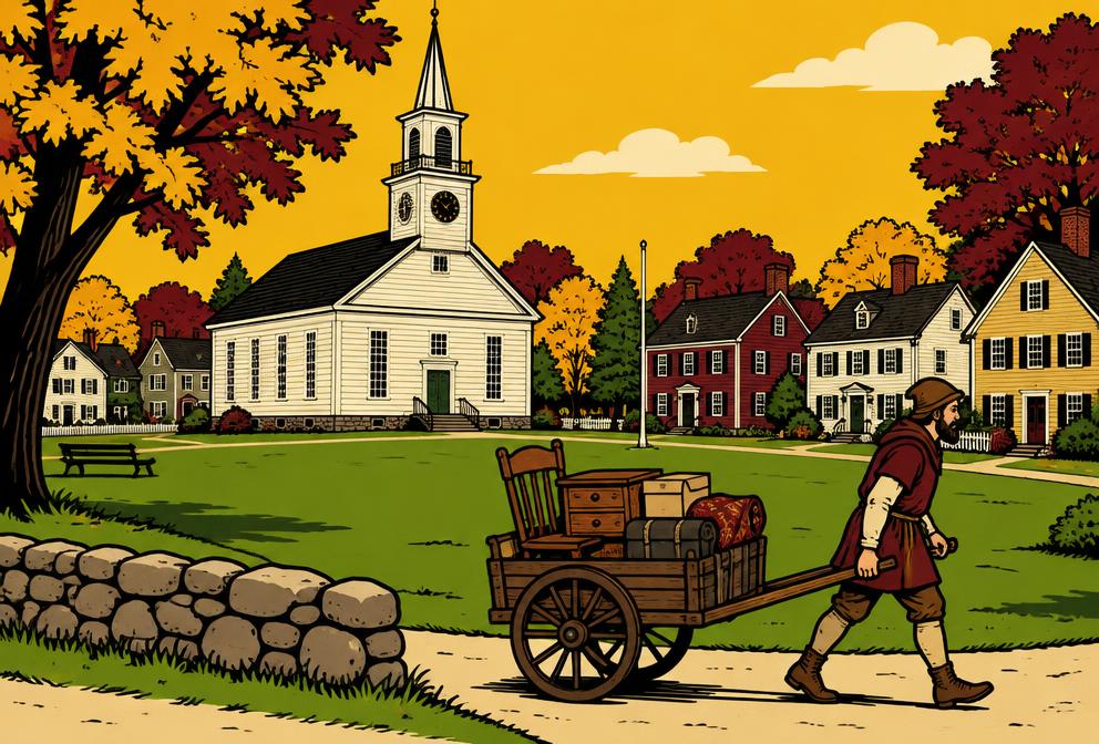 Medieval style illustration inspired by Gorham, with a hand pulled cart of household furniture beside a village common and meeting house