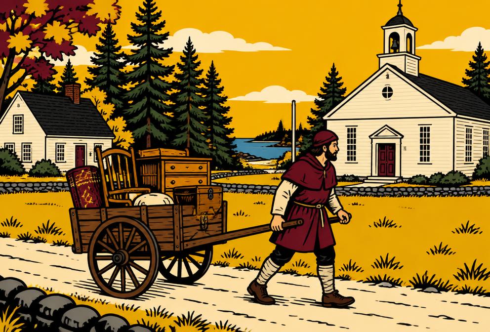 Medieval style illustration inspired by Gray, with a hand pulled cart of household furniture beside a village common and meeting house