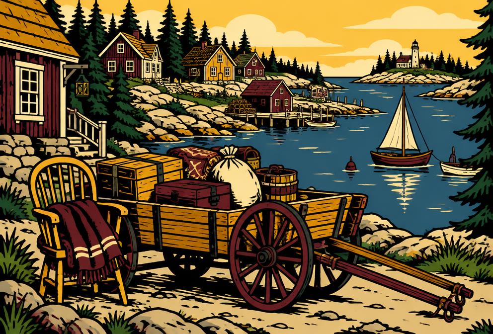 Medieval style illustration inspired by Harpswell, with household furniture and a hand pulled cart beside a sheltered cove and cottages