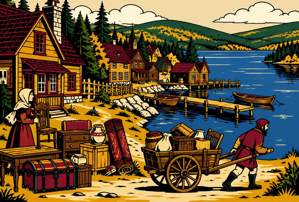 Medieval style illustration inspired by Harrison, with household furniture and a hand pulled cart beside lakeside village homes
