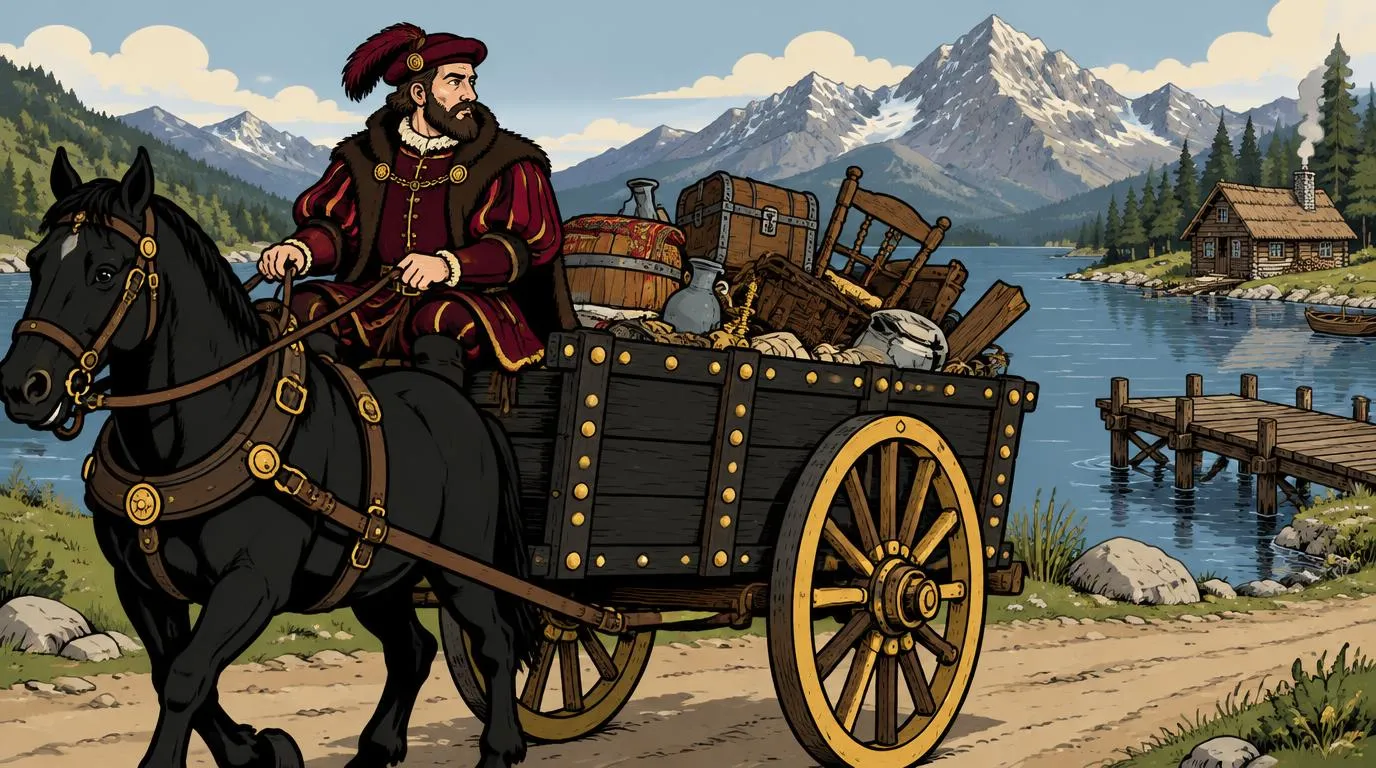 Cartoon drawing of the Junk Lord driving his loaded cart along a lakeshore with a wooden dock and a cabin, a medieval take on Leeds
