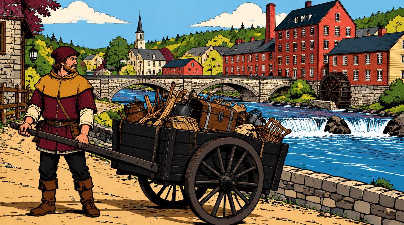 Medieval style illustration of a junk cart beside riverfront mills and a bridge, inspired by Livermore Falls