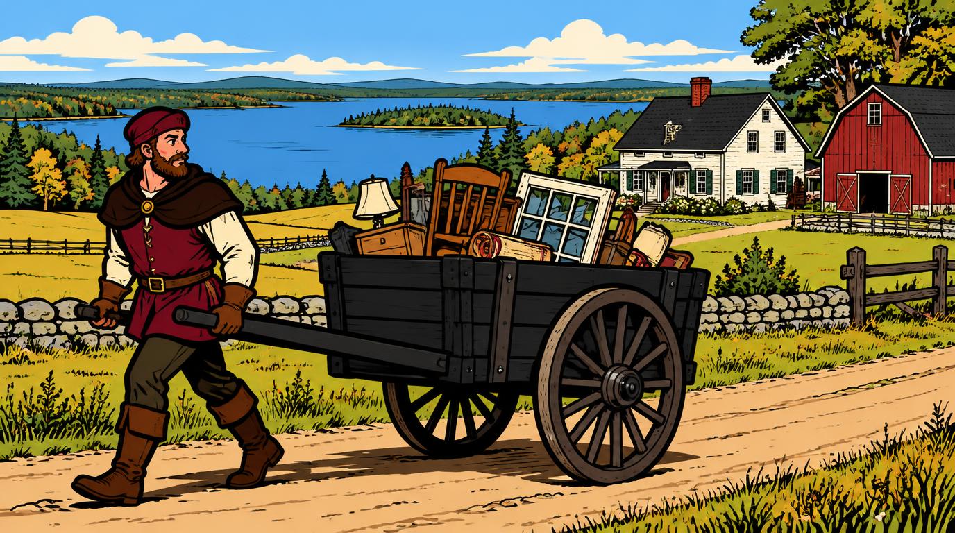Medieval style illustration of a junk cart beside a rural farmhouse and pond, inspired by Livermore