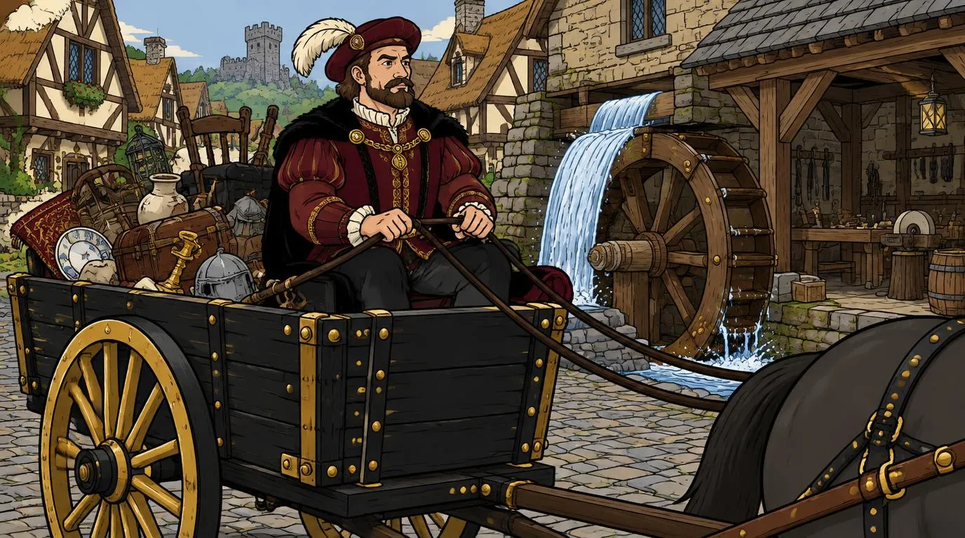Cartoon drawing of the Junk Lord driving his loaded cart past a waterfall turning a water wheel on a stone workshop, a medieval take on Mechanic Falls