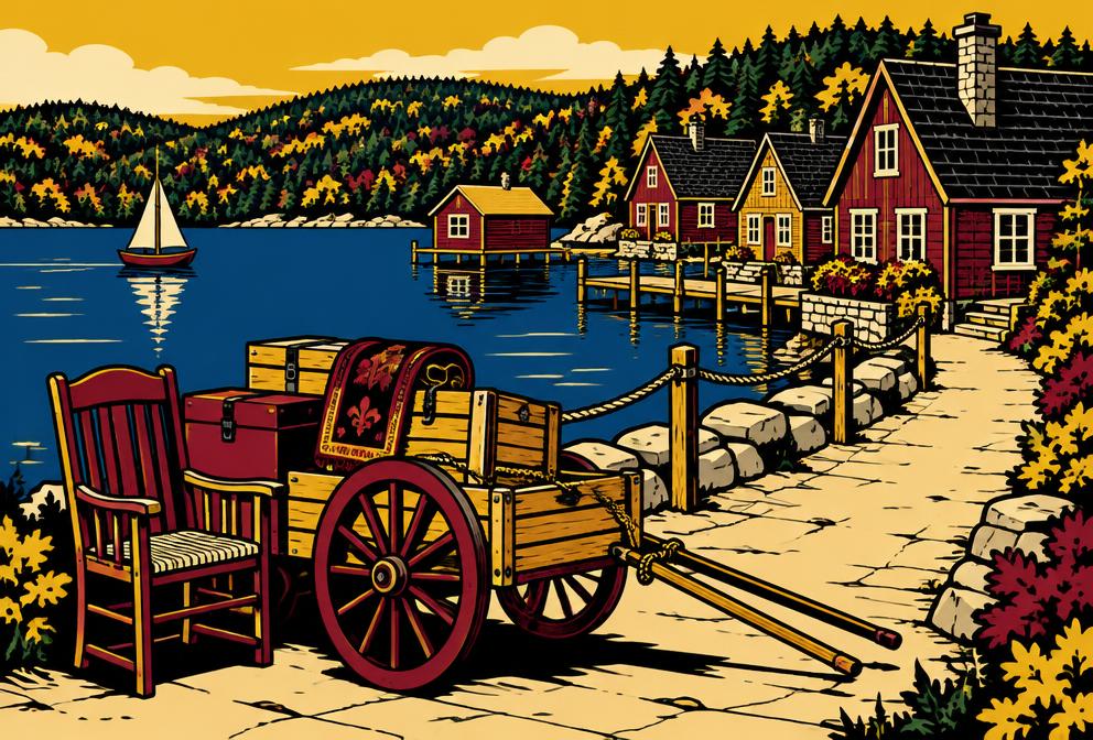 Medieval style illustration inspired by Naples, with household furniture and a hand pulled cart beside a lakeside walkway and homes