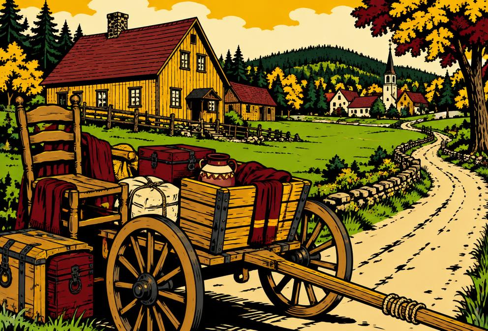 Medieval style illustration inspired by North Yarmouth, with household furniture and a hand pulled cart beside village homes