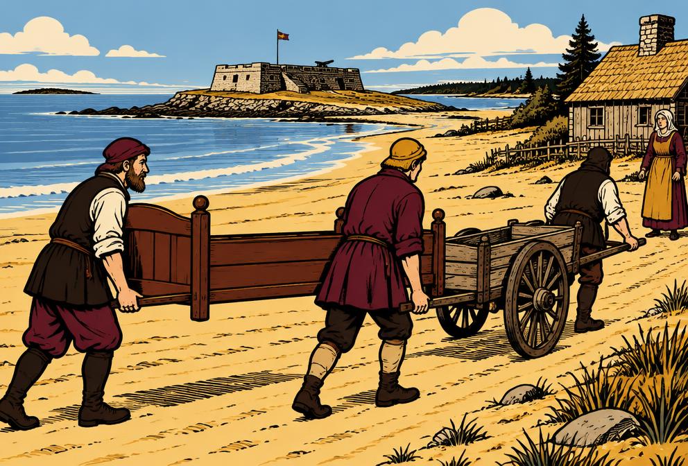 Medieval illustration inspired by Phippsburg, showing household removal with a hand pulled cart