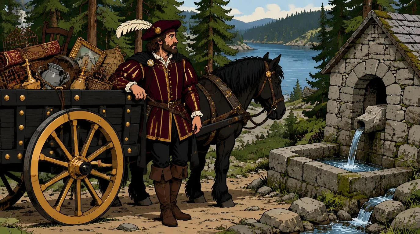 Cartoon drawing of the Junk Lord beside his loaded cart at a stone spring house by a lake in the pines, a medieval take on Poland