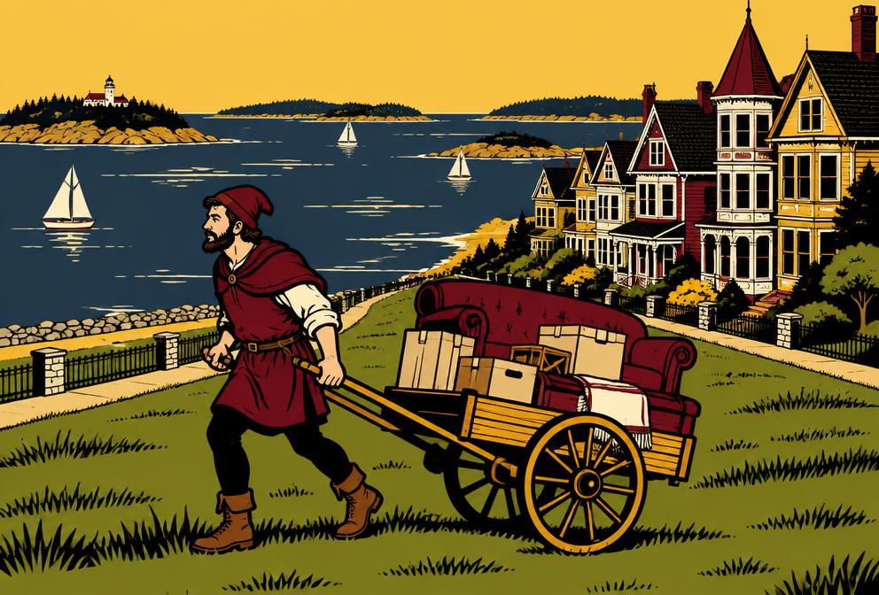 Medieval style illustration inspired by Portland, with a hand pulled cart of household furniture beside coastal homes and a bay