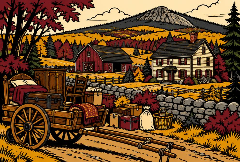 Medieval style illustration inspired by Pownal, with household furniture and a hand pulled cart beside a farmhouse and wooded hills