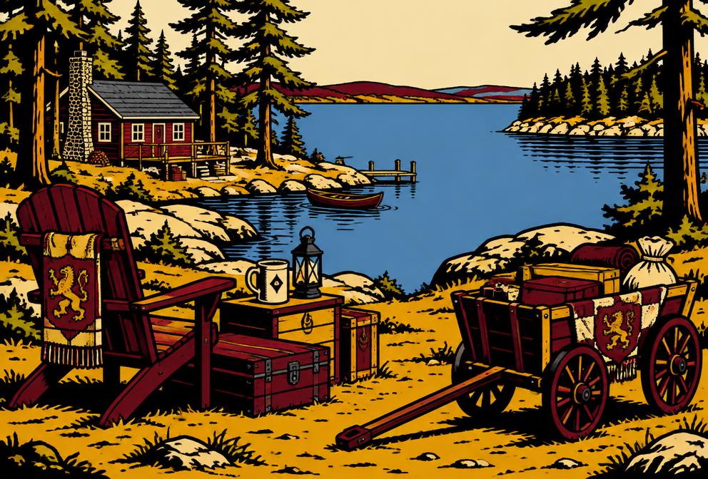 Medieval style illustration inspired by Raymond, with household furniture and a hand pulled cart beside a lake camp and pine trees