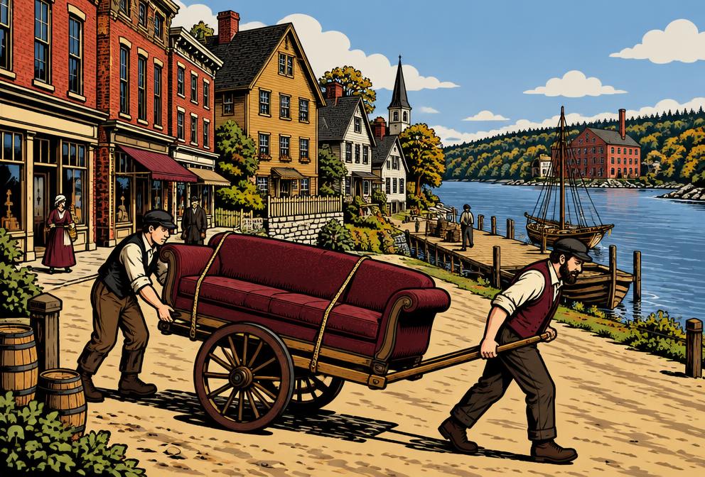 Medieval illustration inspired by Richmond, showing household removal with a hand pulled cart