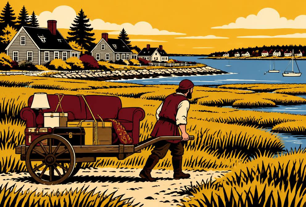 Medieval style illustration inspired by Scarborough, with a hand pulled cart of household furniture beside coastal cottages and a tidal marsh