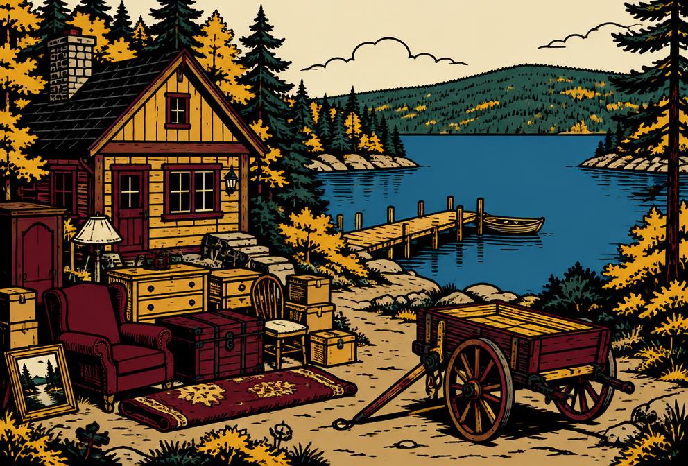 Medieval style illustration inspired by Sebago, with household furniture and a hand pulled cart beside a sheltered cove and cottages