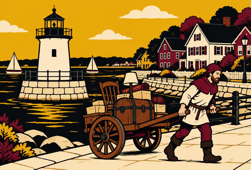 Medieval style illustration inspired by South Portland, with a hand pulled cart of household furniture beside a harbor lighthouse