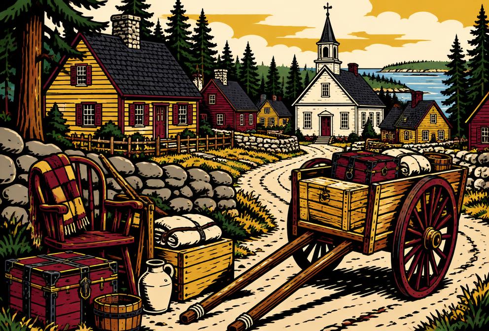 Medieval style illustration inspired by Standish, with household furniture and a hand pulled cart beside village homes